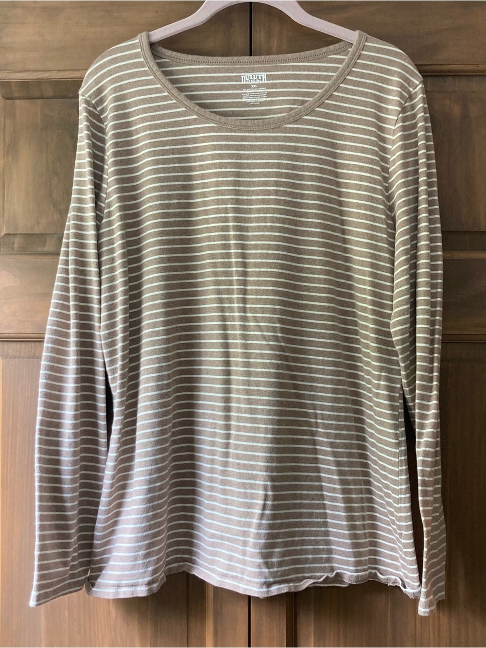 Duluth Trading Co Light Brown & White Striped LS Top XXL